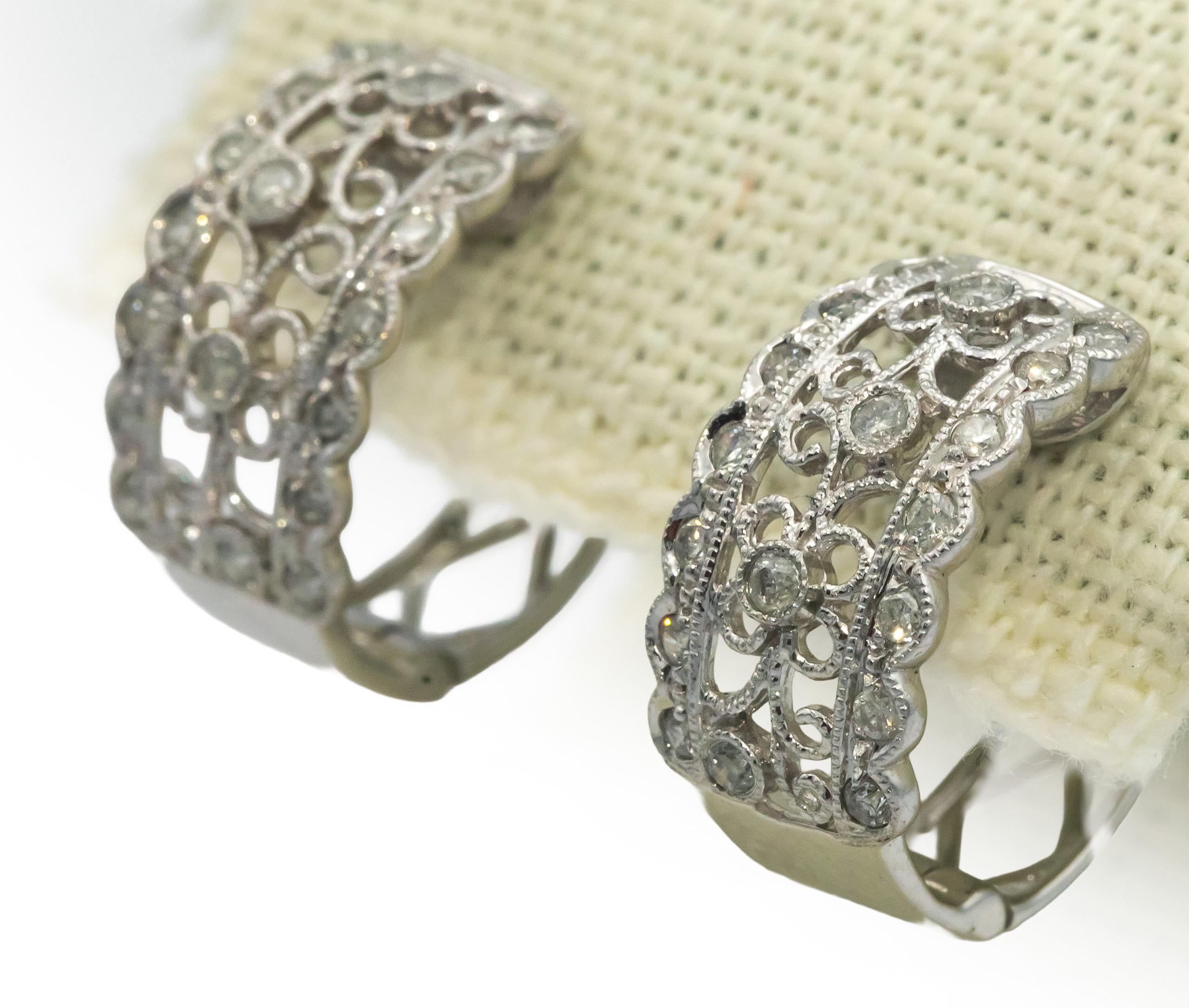 14k White Gold Round Diamond Filigree Hoop Earrings 0.45CT