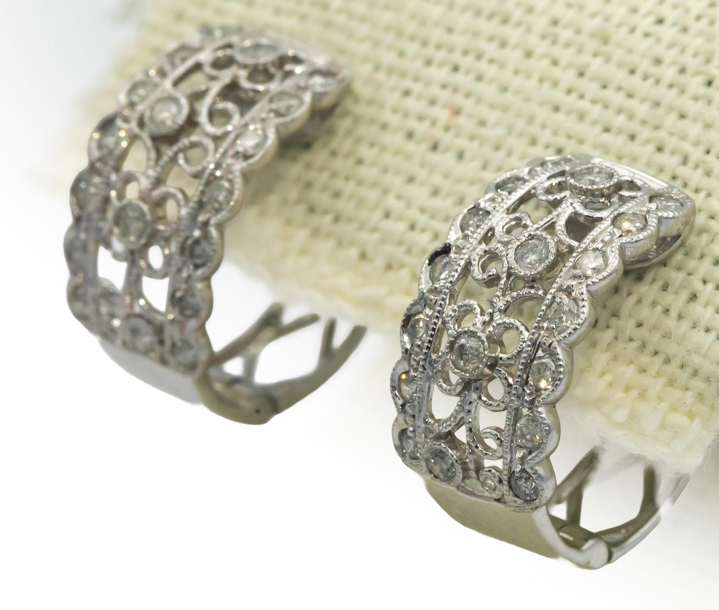 14k White Gold 0.45CT Round Cut Diamond Filigree Hoop Earrings