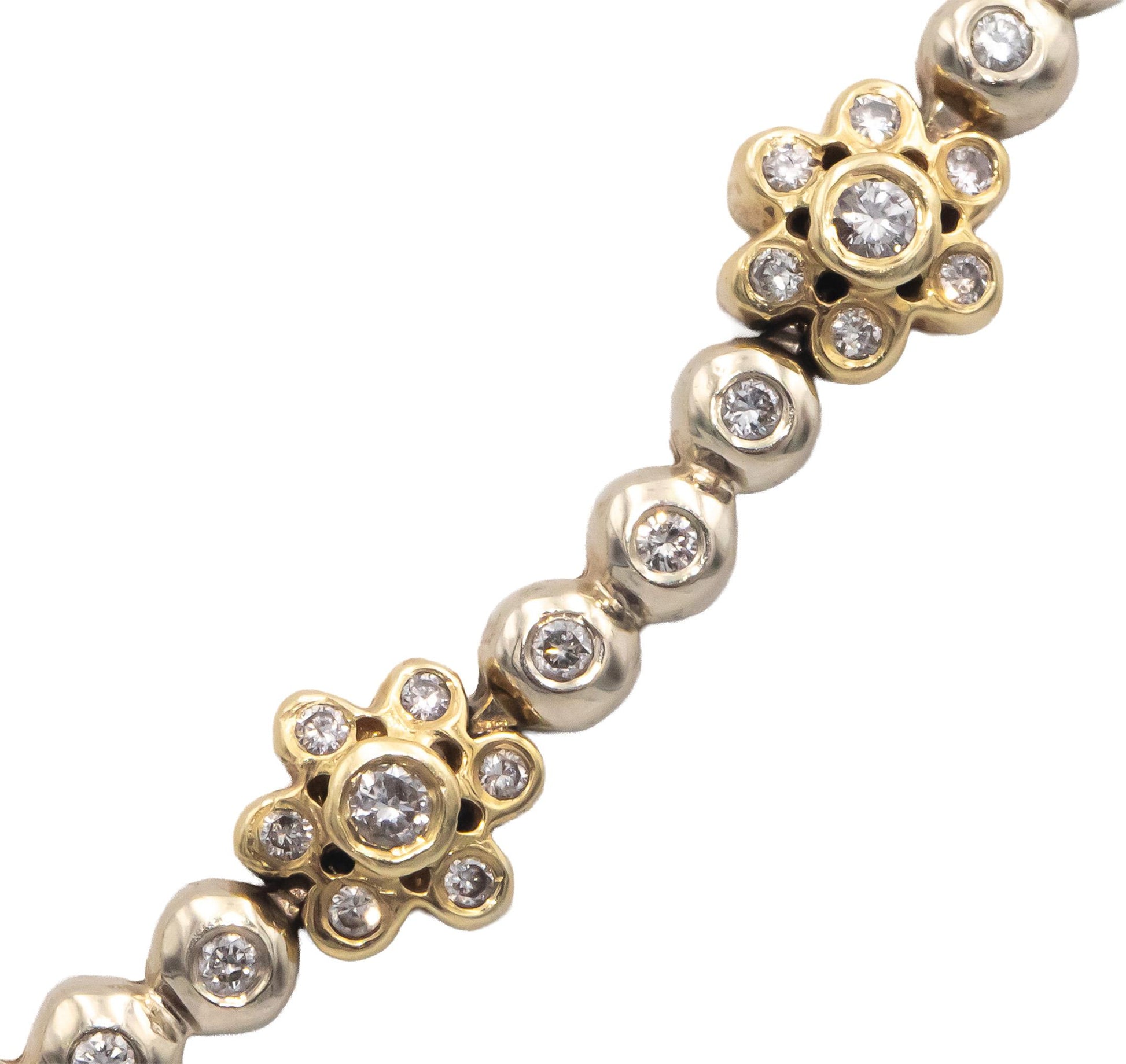 14k Yellow & White Gold Round Cut Diamond Floral Link Necklace 3.50CT