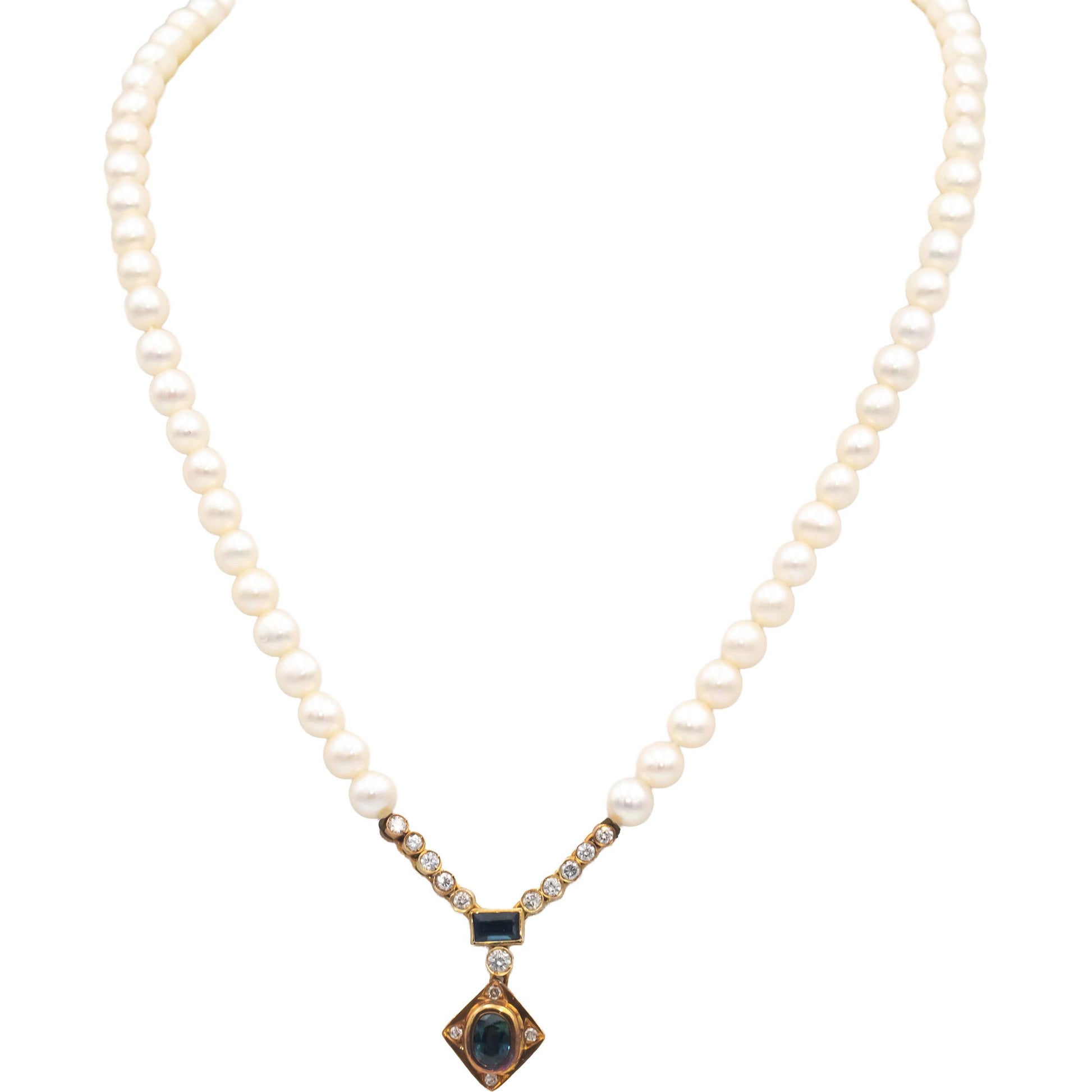 18k Yellow Gold Diamond Sapphire and 6.0mm Pearl Strand Necklace 1.75CT
