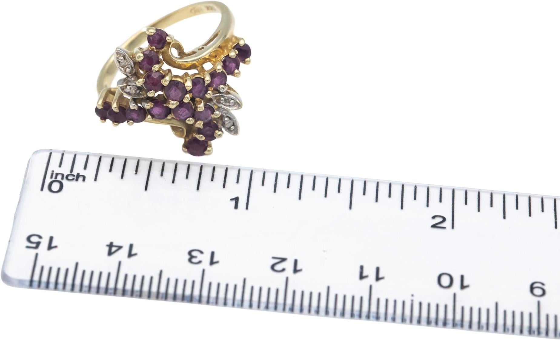 14k Yellow Gold 1.28CT Diamond and Ruby Floral Cluster Ring Size 8