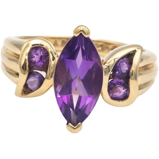 10k Yellow Gold Jewelry 2.0CT Marquise and Round Amethyst Cocktail Ring Size 6