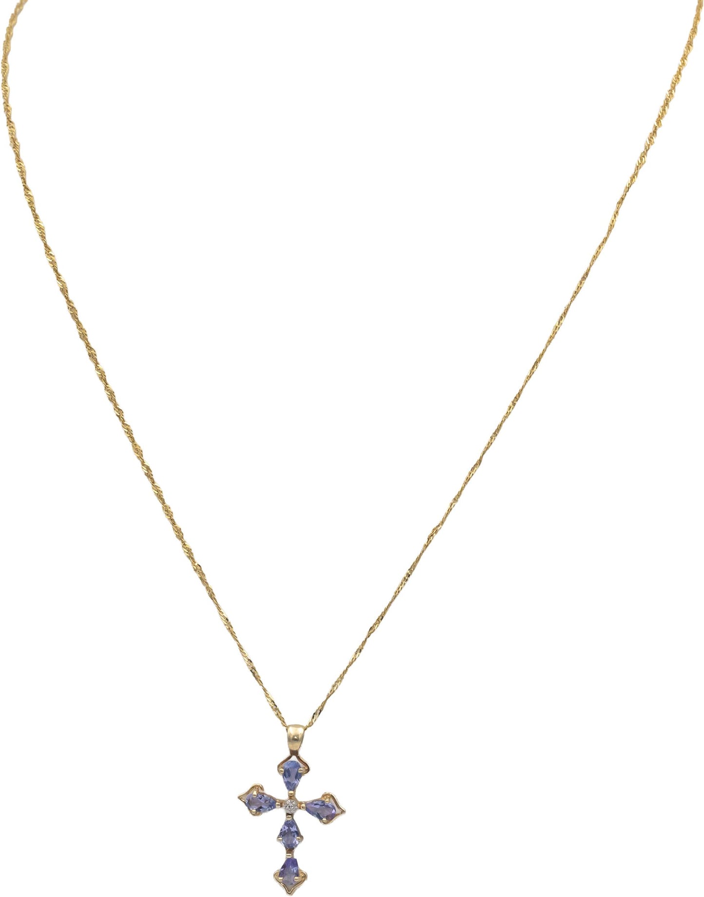 14k Yellow Gold 0.76CT Diamond and Tanzanite Cross Crucifix Pendant Necklace