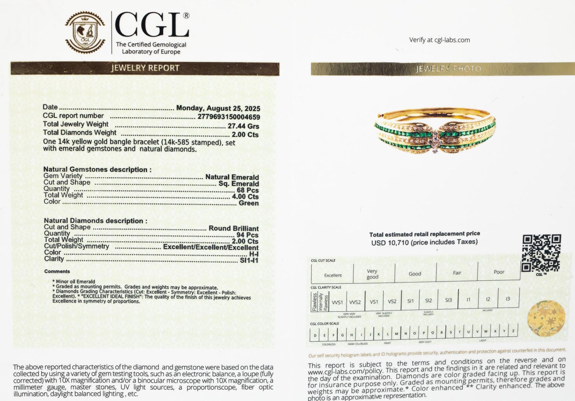 CGL Certified 14k Yellow Gold 6.0CT Diamond and Emerald Bangle Bracelet