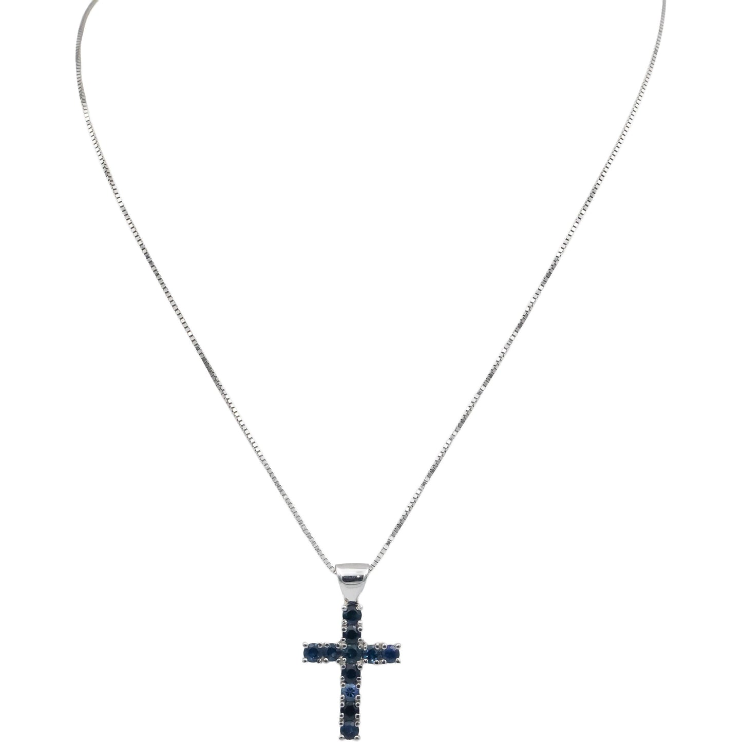14k White Gold 1.50CT Round Cut Blue Topaz Cross Crucifix Pendant Necklace