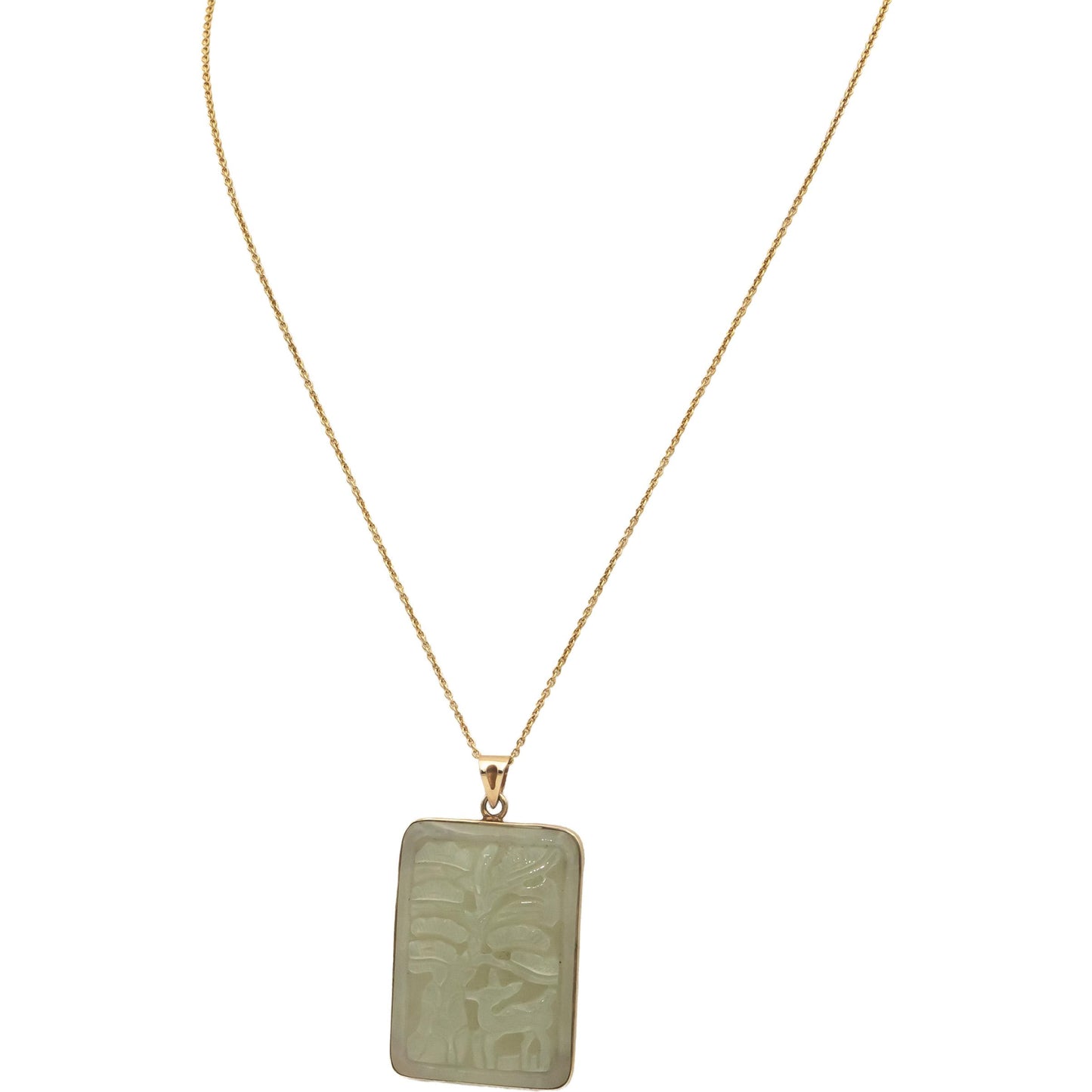 14k Yellow Gold 33.5 x 23.5mm Carved Tree Forest Motif Jade Pendant Necklace