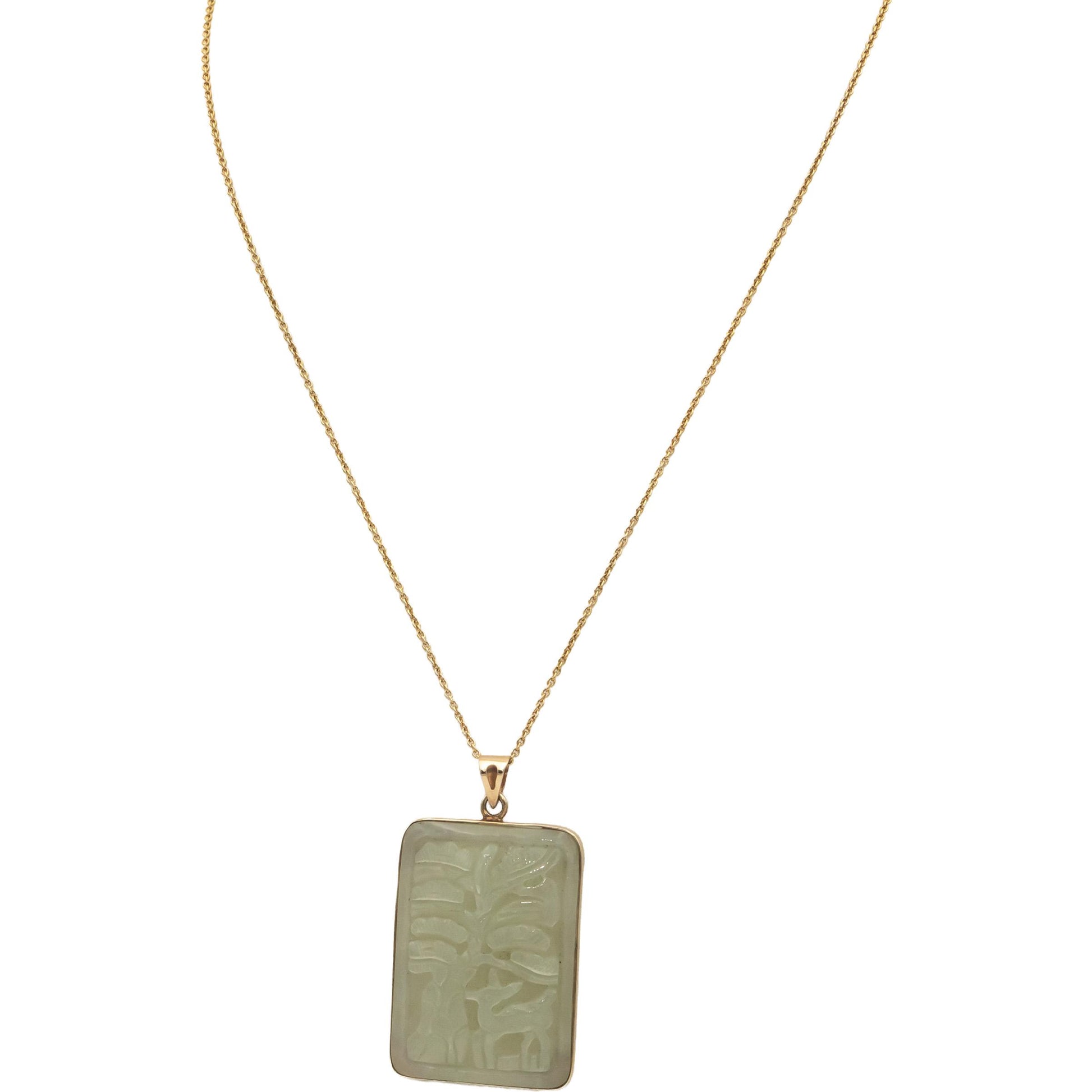 14k Yellow Gold 33.5 x 23.5mm Carved Tree Forest Motif Jade Pendant Necklace