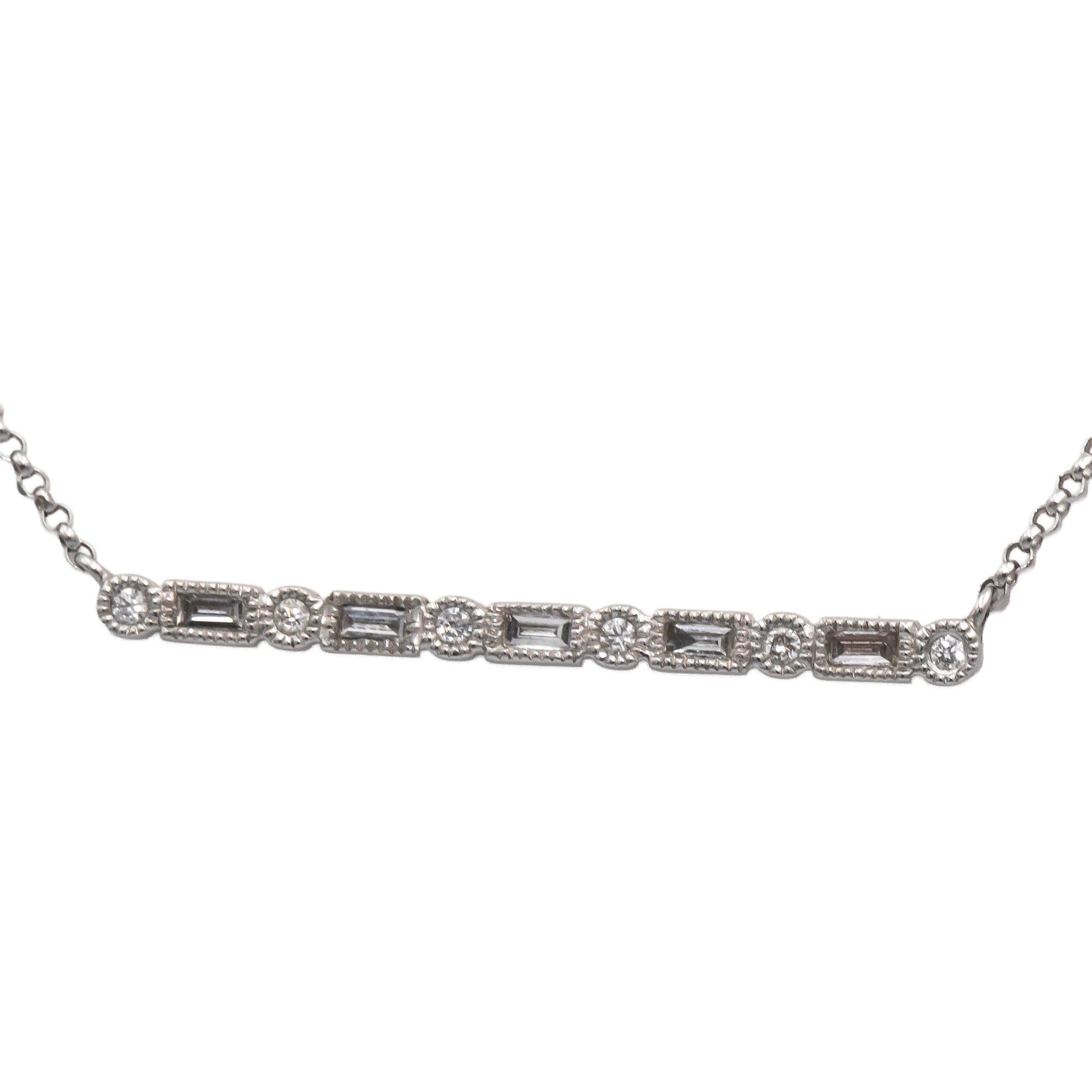 18k White Gold VS Round & Baguette Diamond Fixed Bar Pendant Necklace 0.15CT