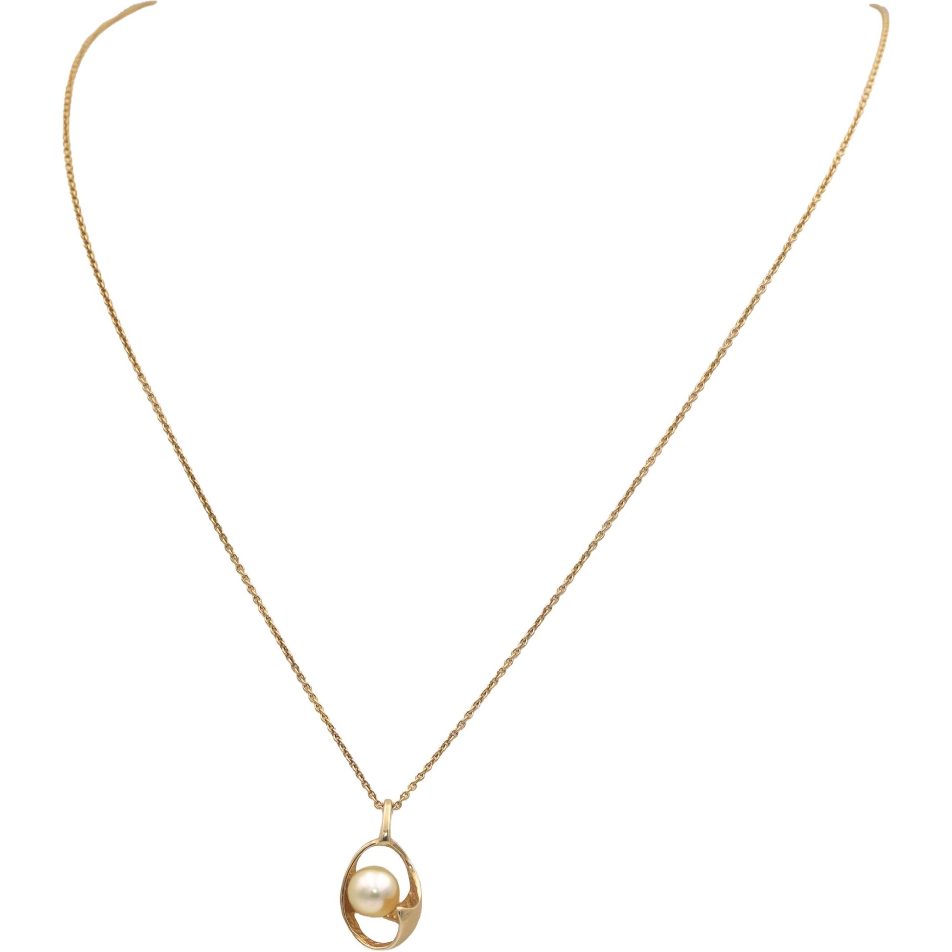 14k Yellow Gold Jewelry 6.5mm Pearl Solitaire Abstract Pendant Necklace Chain