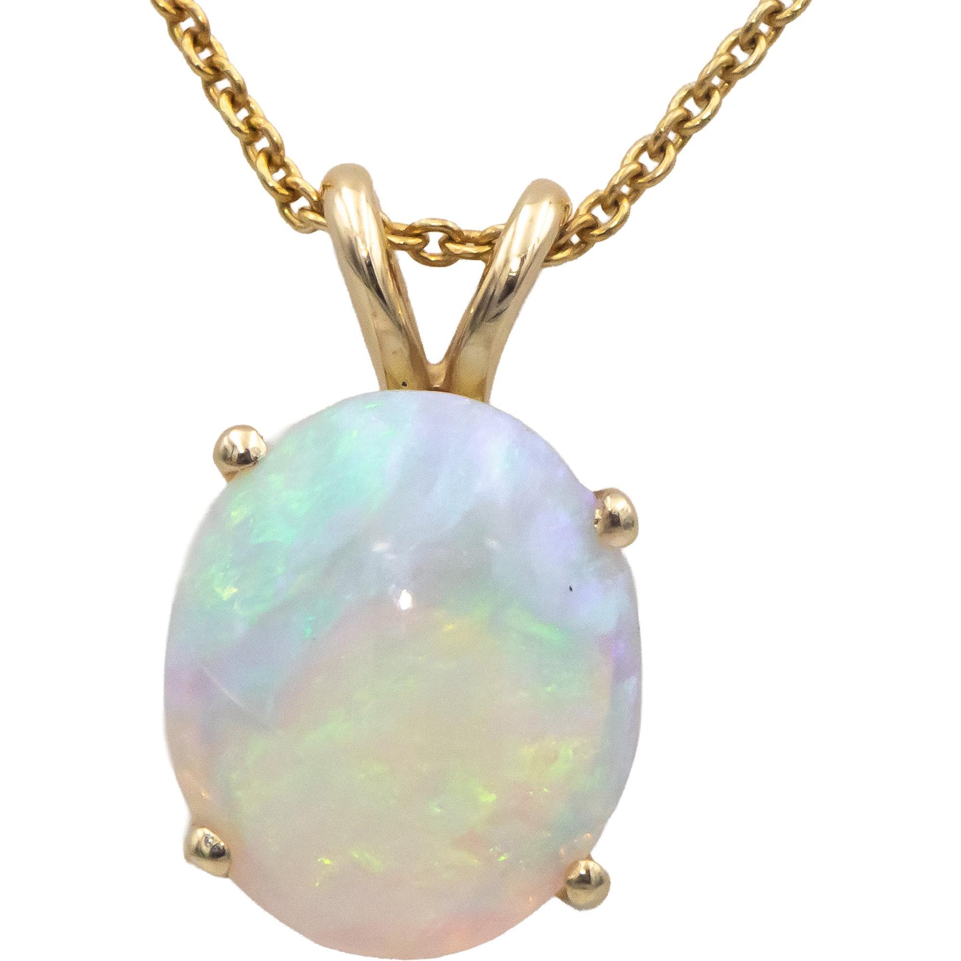 14k Yellow Gold 2.85CT Oval Cabochon Opal Solitaire Pendant Necklace Chain