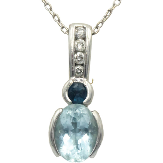 14k White Gold 1.16CT Diamond Aquamarine Sapphire Pendant Necklace Chain