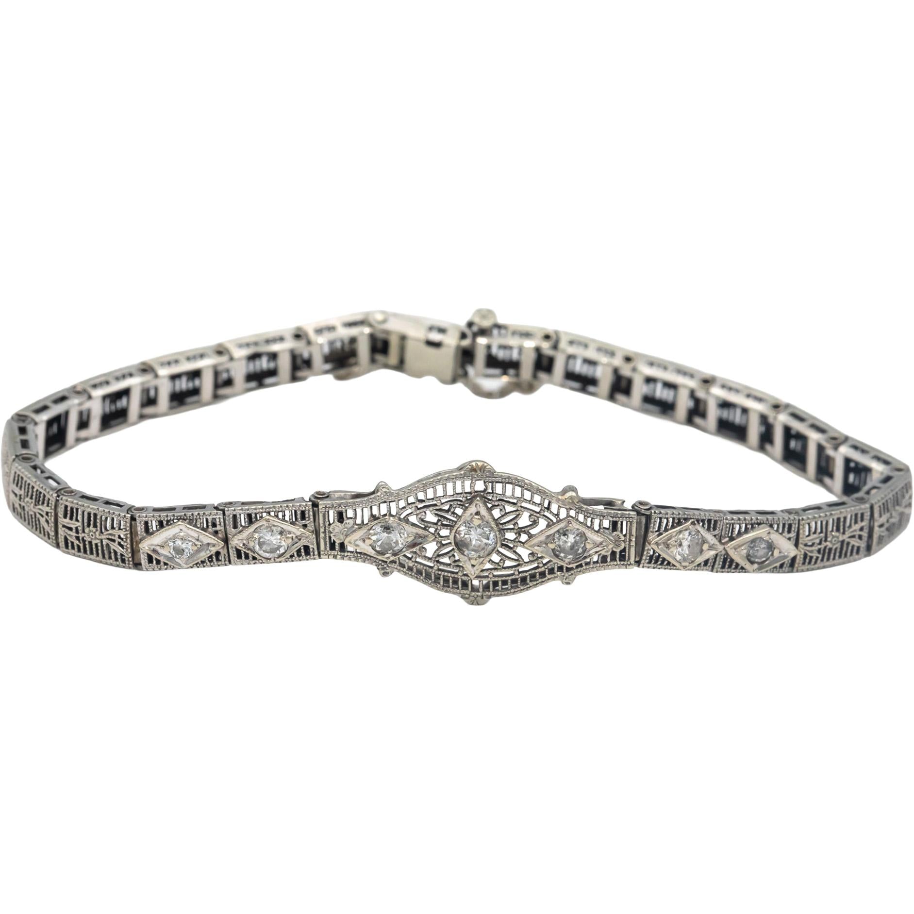 Vintage Antique 10k White Gold Diamond Filigree Fancy Link Bracelet 0.50CT