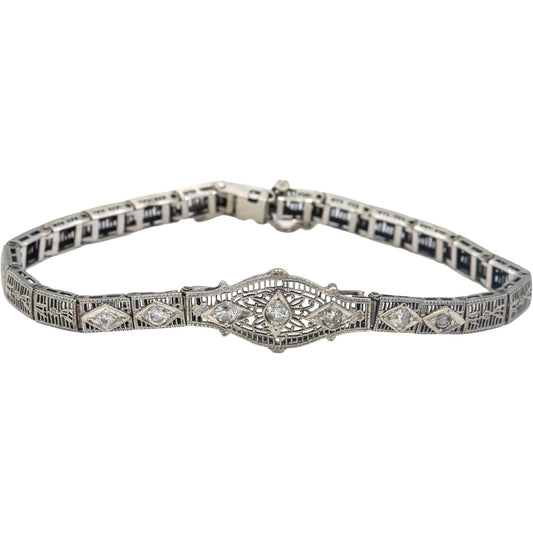 Vintage Antique 10k White Gold Diamond Filigree Fancy Link Bracelet 0.50CT