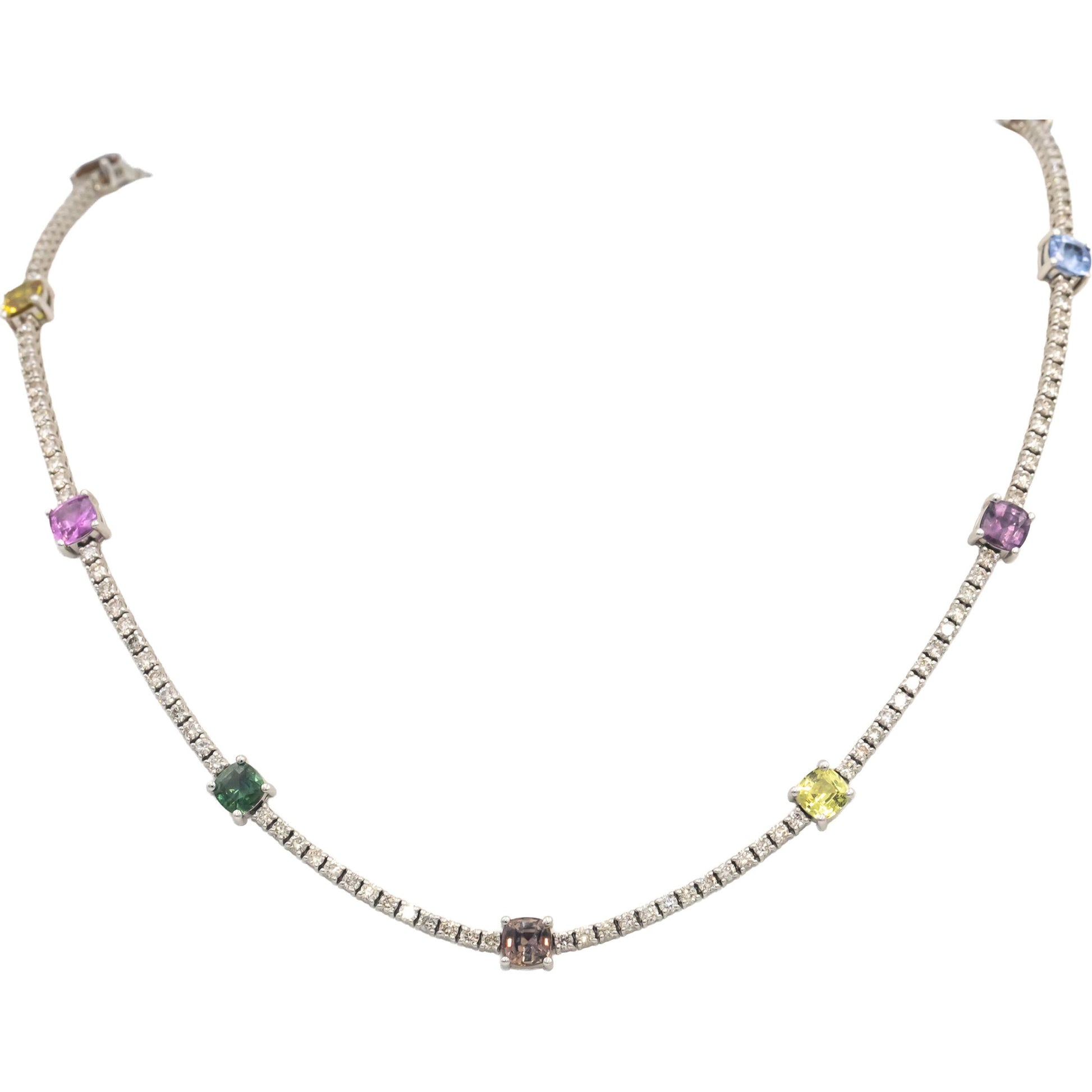 LE VIAN 14k White Gold Diamond & Rainbow Sapphire Fancy Necklace Chain 14.70CT