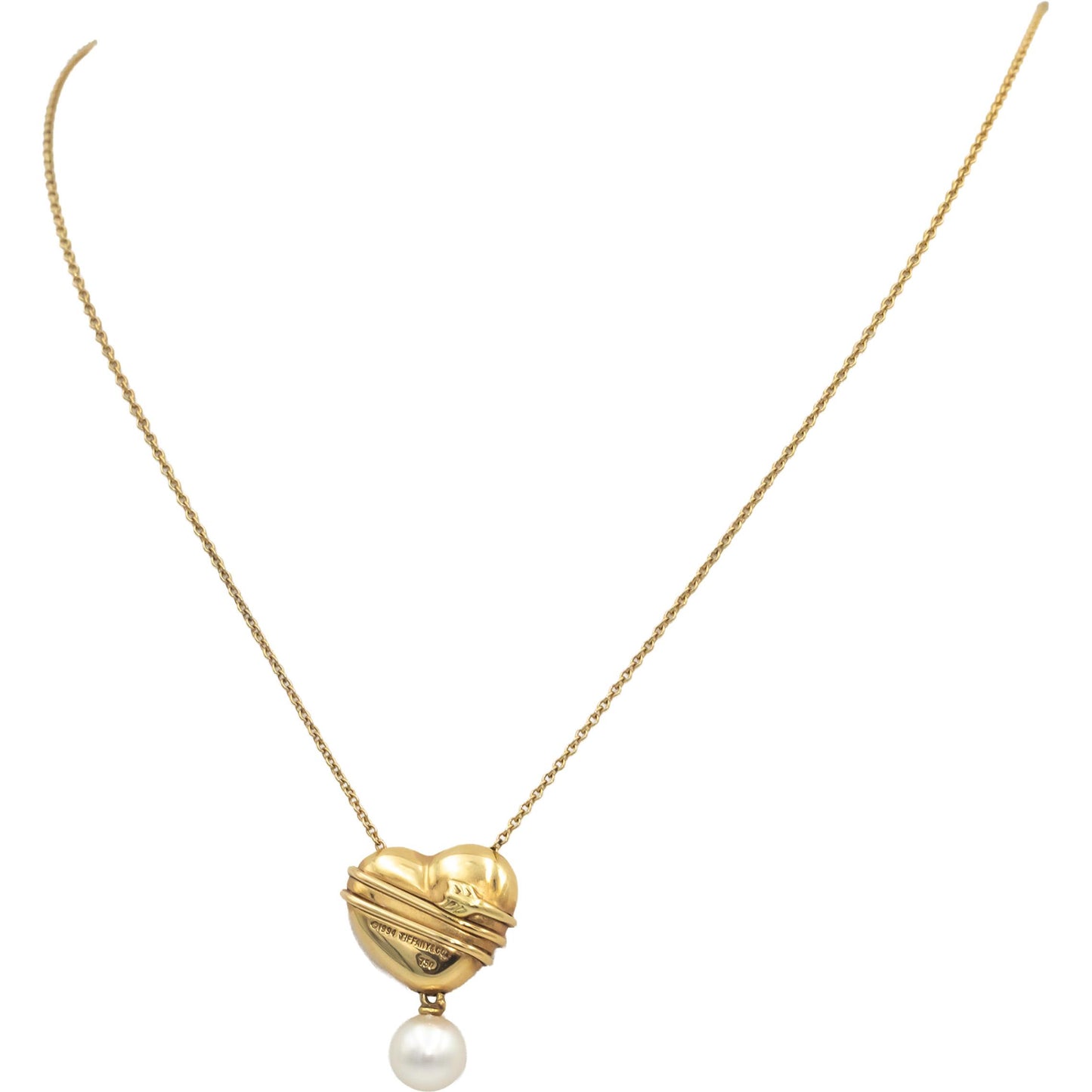 TIFFANY & CO. 18k Gold Cupid's Arrow Puff Heart 6.9-7.0mm Pearl Pendant Necklace