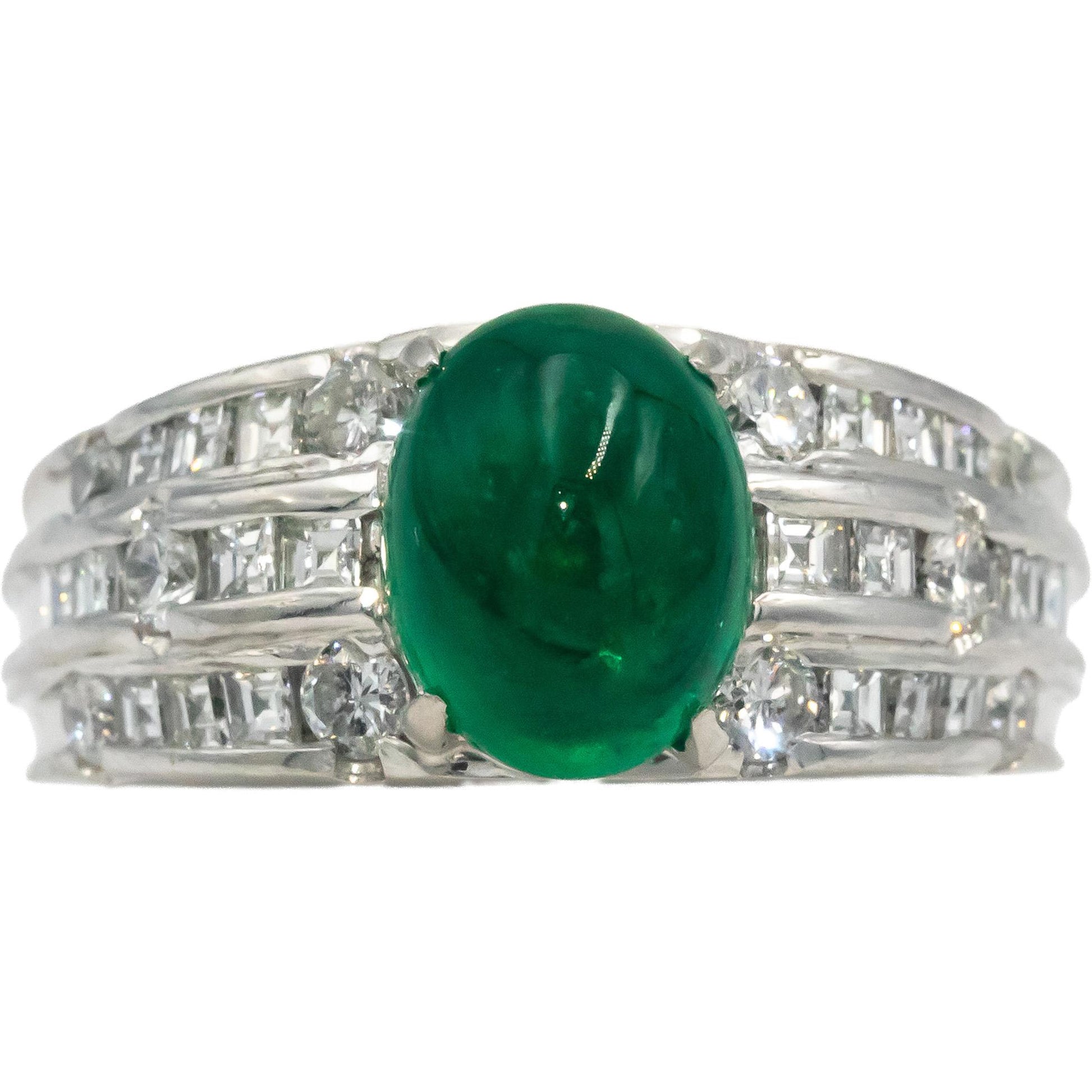 Platinum Cabochon Emerald Round & Carre Cut Diamond Ring 3.32CT Size 6