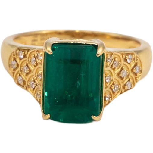 GIA Certified 18k Yellow Gold Emerald and Diamond Cocktail Ring 5.10CT Size 7.25