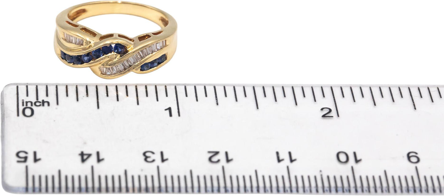14k Yellow Gold Diamond & Blue Sapphire Crossover Band Ring 0.55CT Size 6