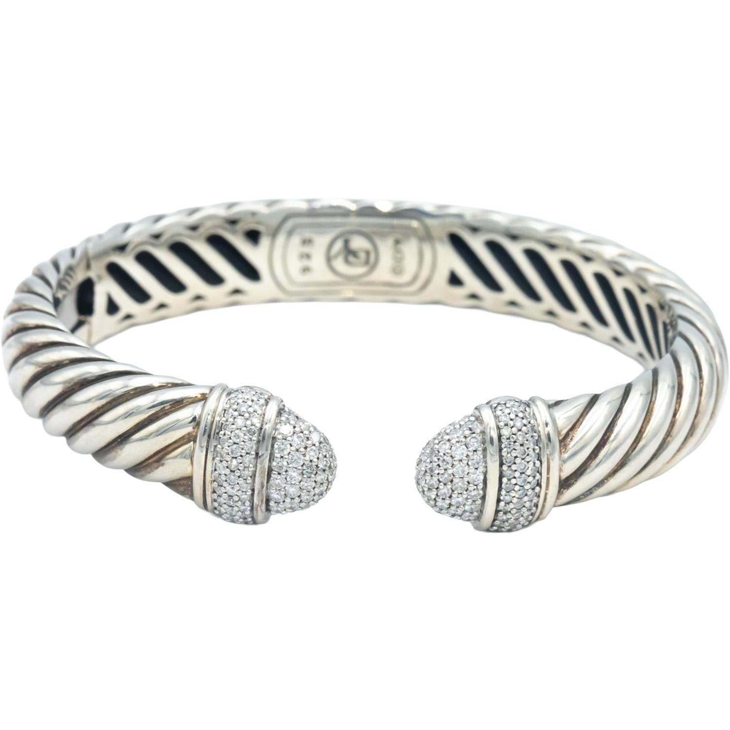 DAVID YURMAN Sterling Silver Diamond Waverly Cable Cuff Bracelet 1.17CT $3200