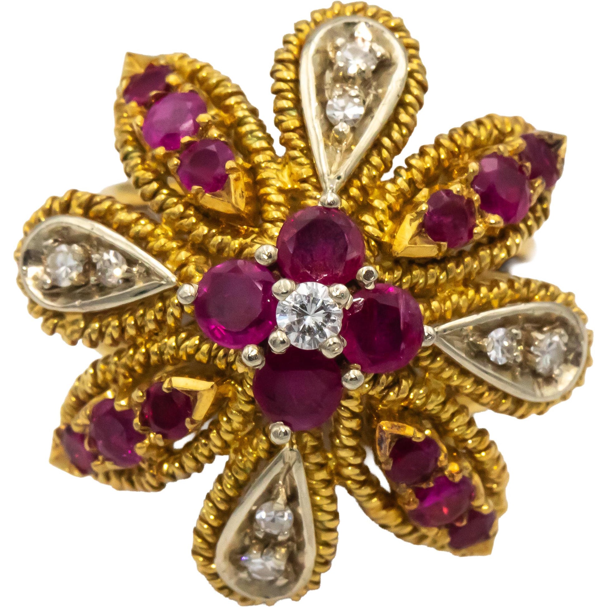 18k Yellow White Gold VS Round Diamond Ruby Floral Cocktail Ring 1.15CT Sz 6.75