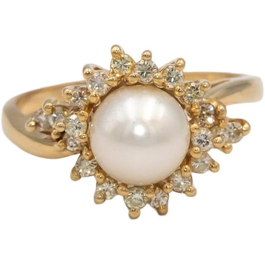 14k Yellow Gold Round Diamond & 8mm Pearl Cocktail Ring Size 9.5