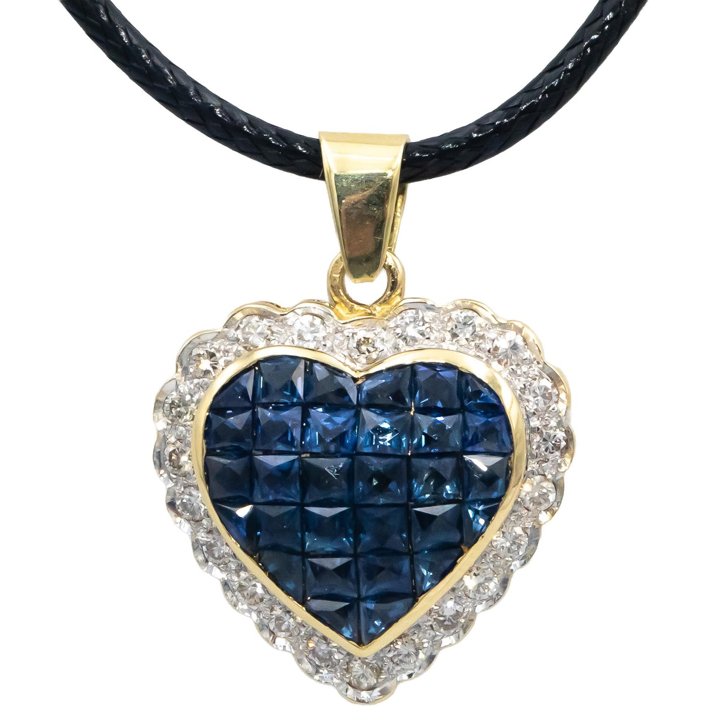 18k Yellow Gold Sapphire and Diamond Cluster Heart Pendant Necklace 2.0CT