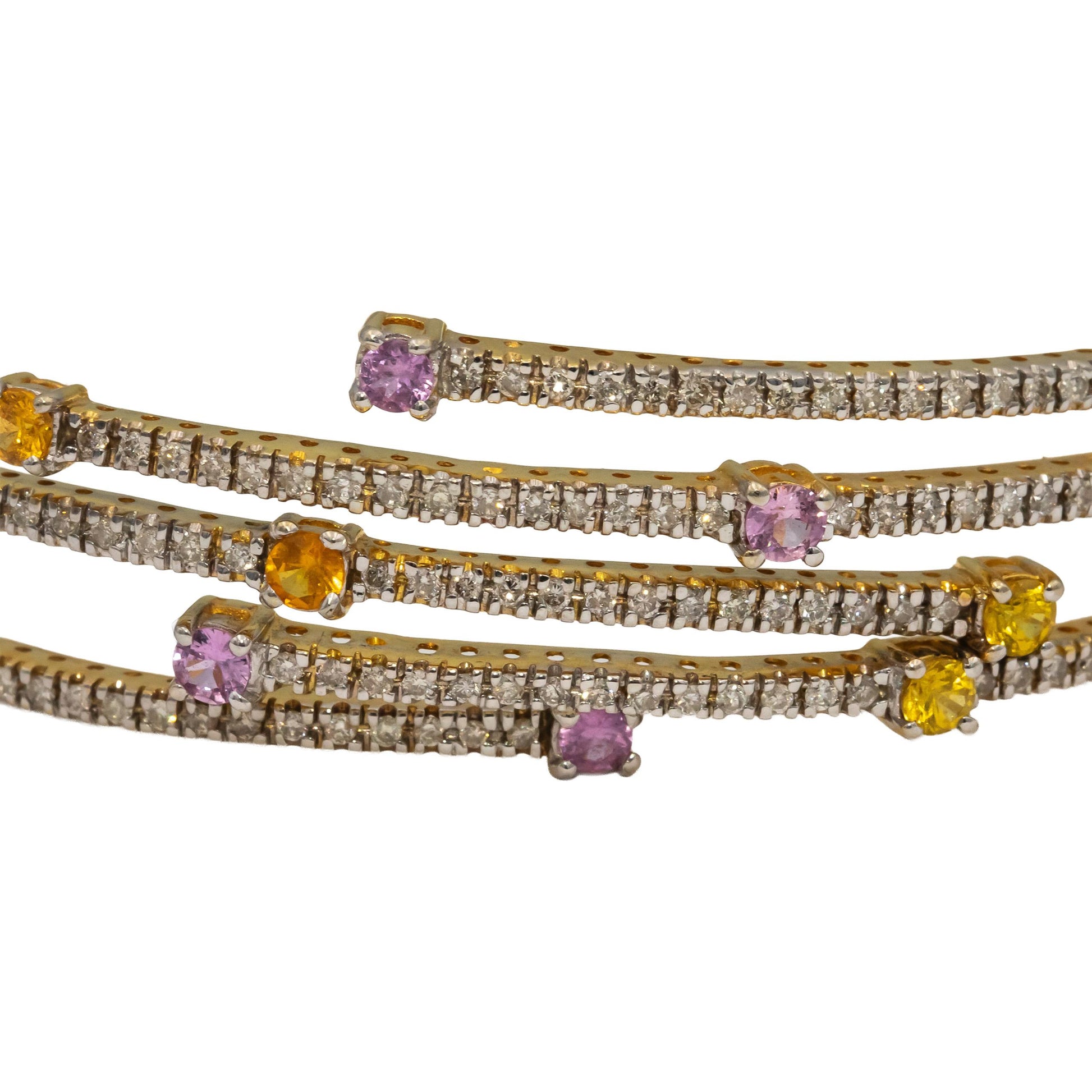 14k Yellow Gold Round Diamond Pink & Yellow Sapphire Bangle Bracelet 2.0CT