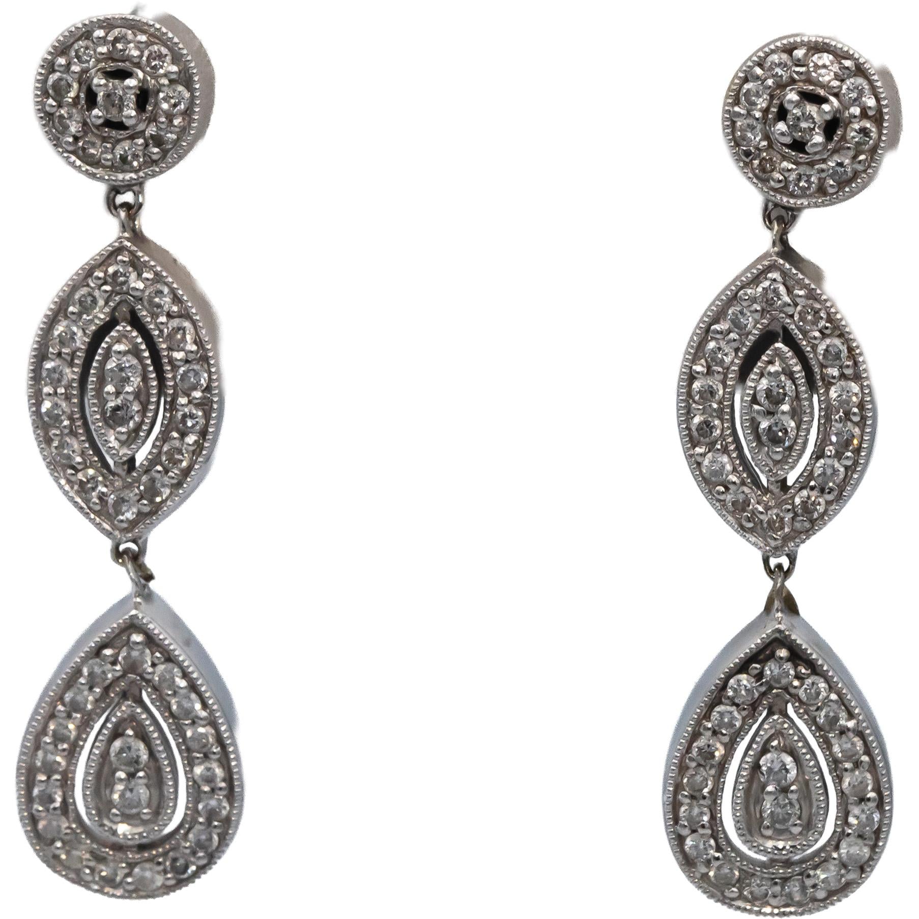 14k White Gold Round Diamond Drop Dangle Earrings 1.0CT