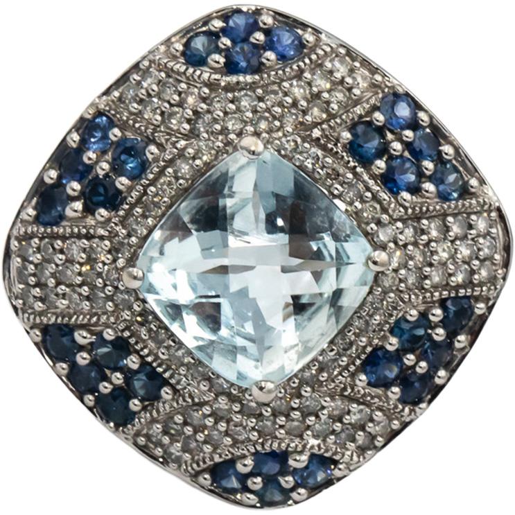 14k White Gold Aquamarine Diamond Sapphire Cluster Cocktail Ring 5.50CT Sz. 6.25