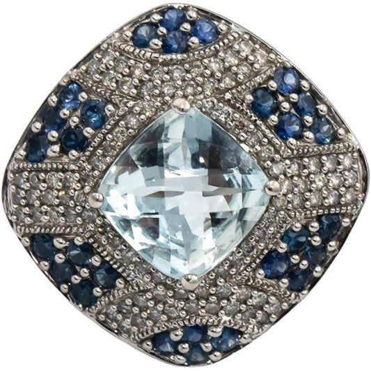 14k White Gold Aquamarine Diamond Sapphire Cluster Cocktail Ring 5.50CT Sz. 6.25