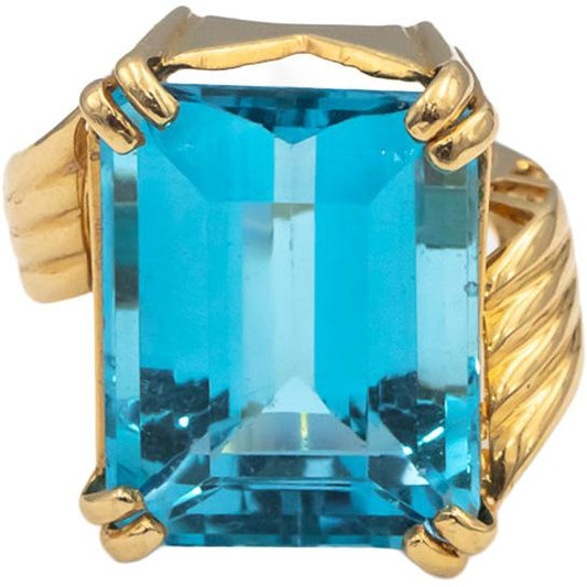 14k Yellow Gold Emerald Cut Blue Topaz Solitaire Cocktail Ring 42.0CT Size 7.5