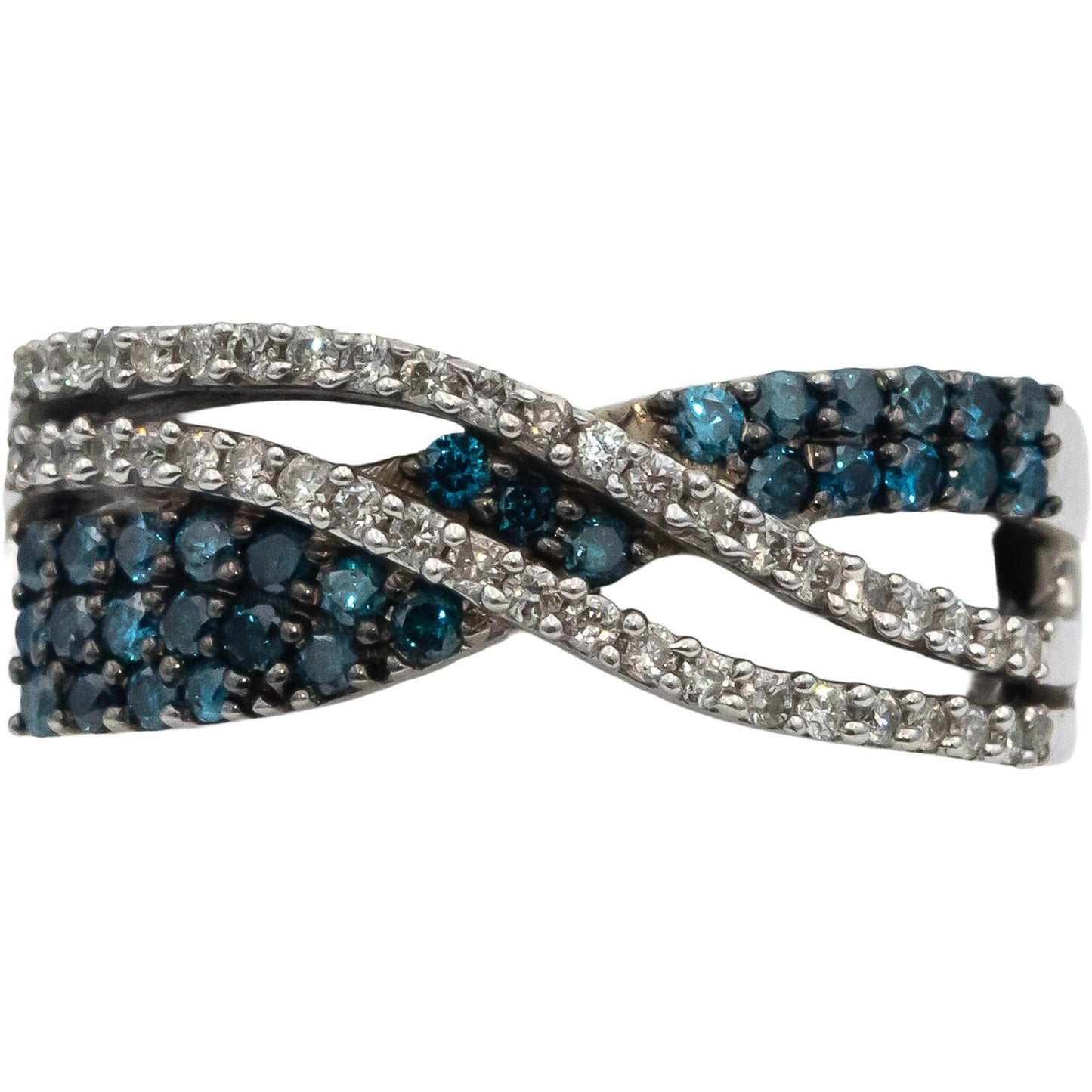Designer 9k White Gold White & Blue Round Diamond Crossover Ring 1.0CT Size 7