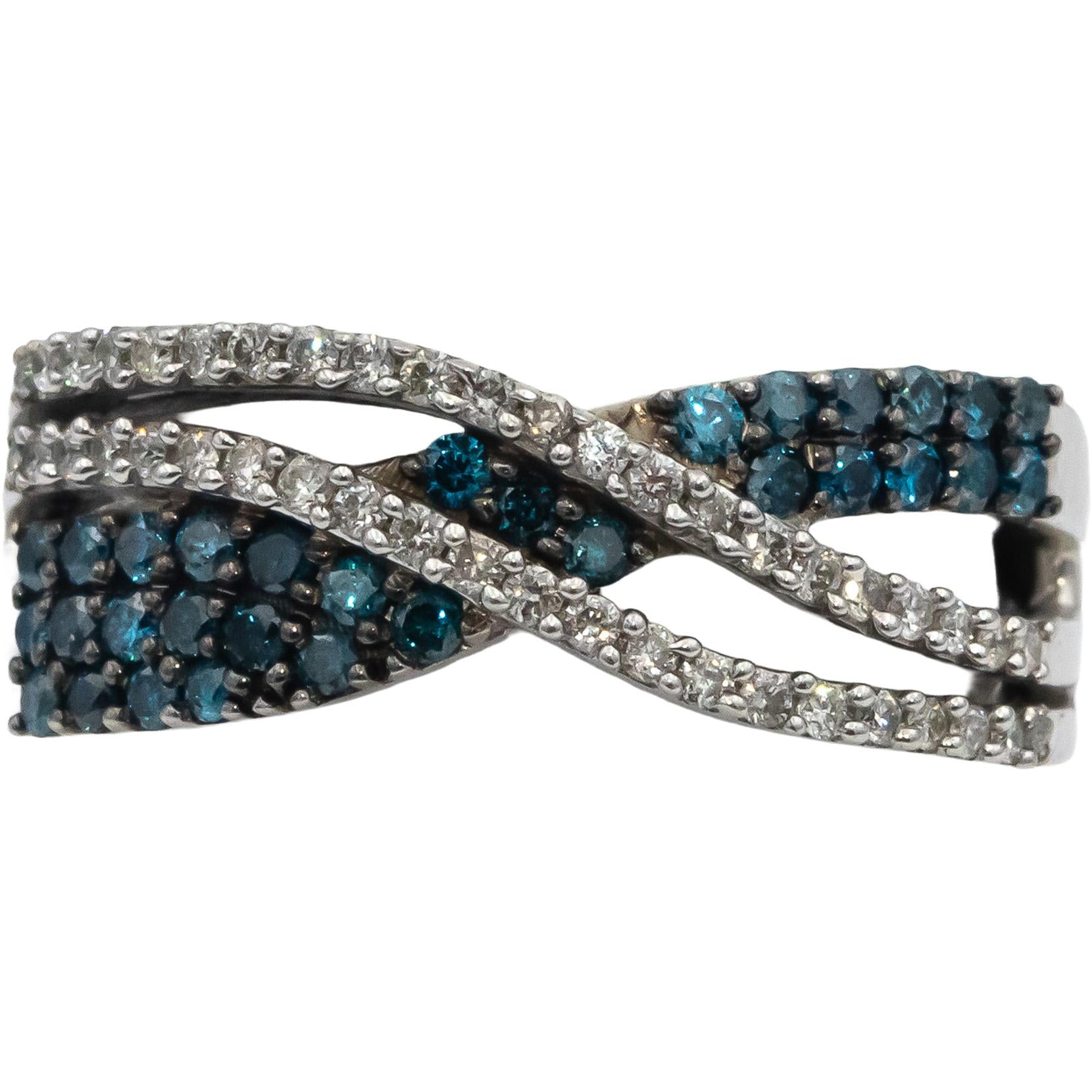 Designer 9k White Gold White & Blue Round Diamond Crossover Ring 1.0CT Size 7
