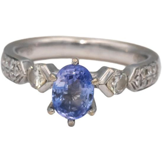 18k White Gold Oval Sapphire VS Round Diamond Cocktail Ring 1.36CT Size 5.5