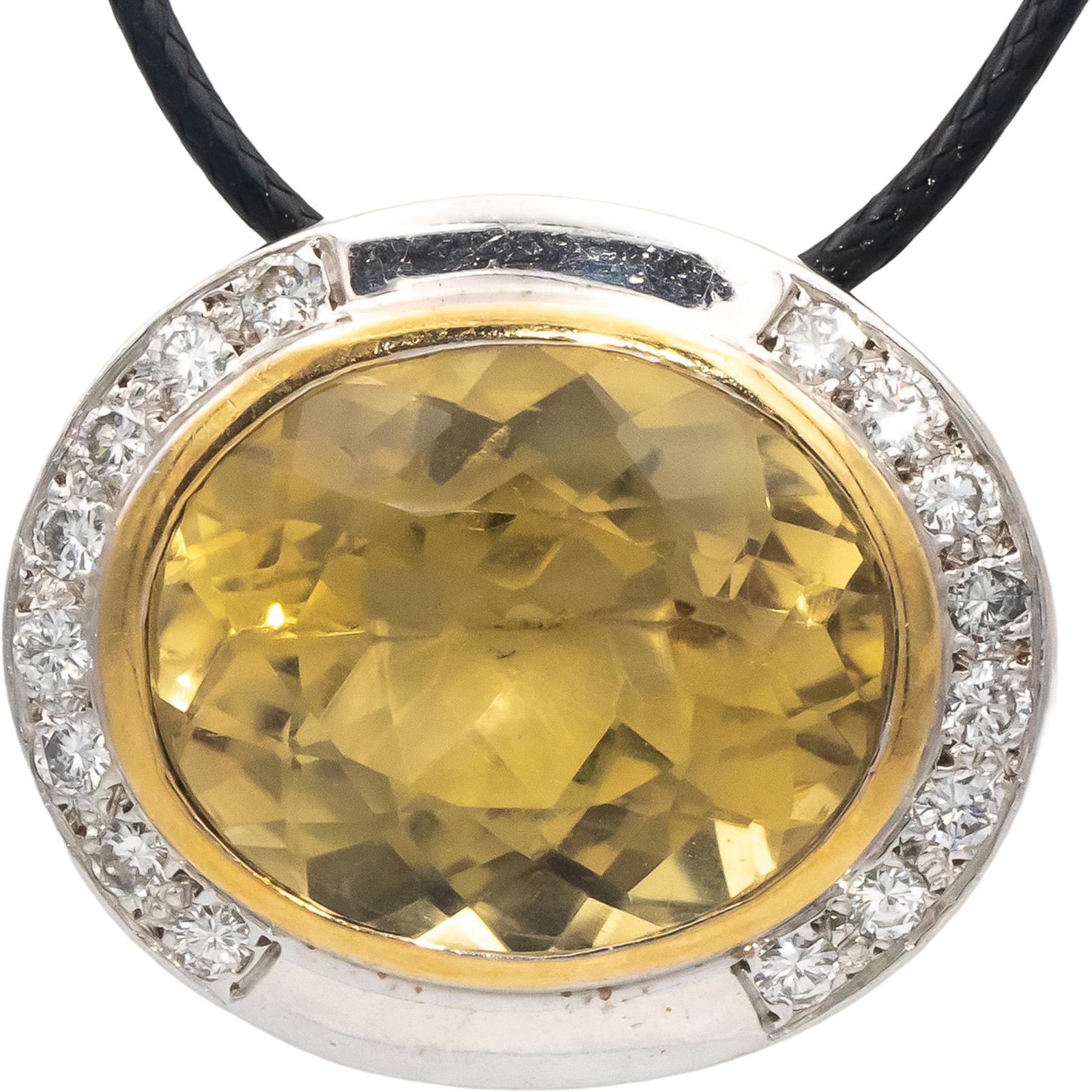 14k White & Yellow Gold Oval Citrine Round Diamond Slide Pendant Necklace 1.58CT
