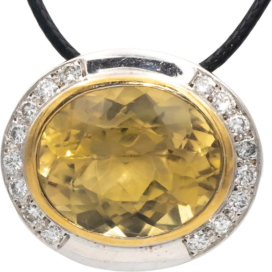14k White & Yellow Gold Oval Citrine Round Diamond Slide Pendant Necklace 1.58CT