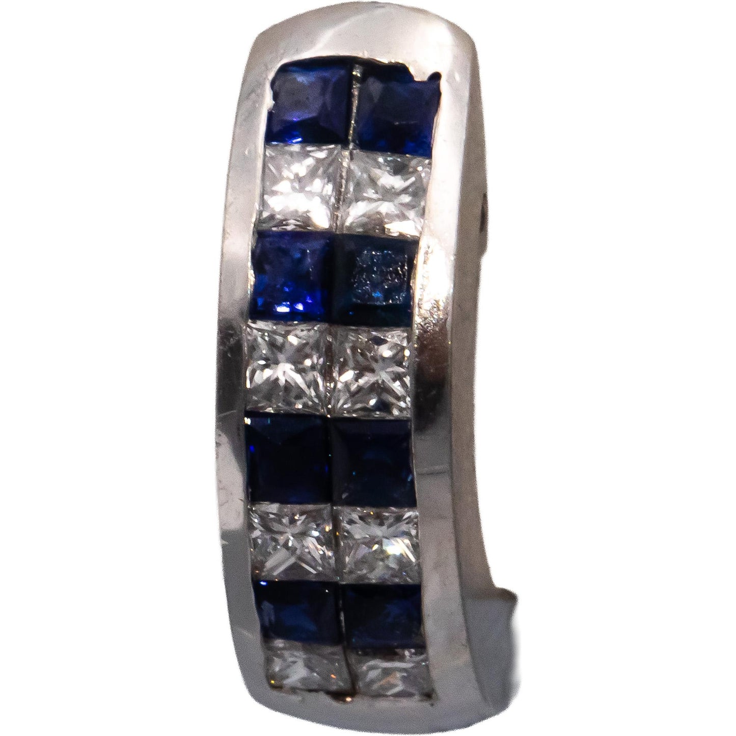 18k White Gold VS Princess Cut Diamond & Blue Sapphire Huggie Earrings 1.10CTW