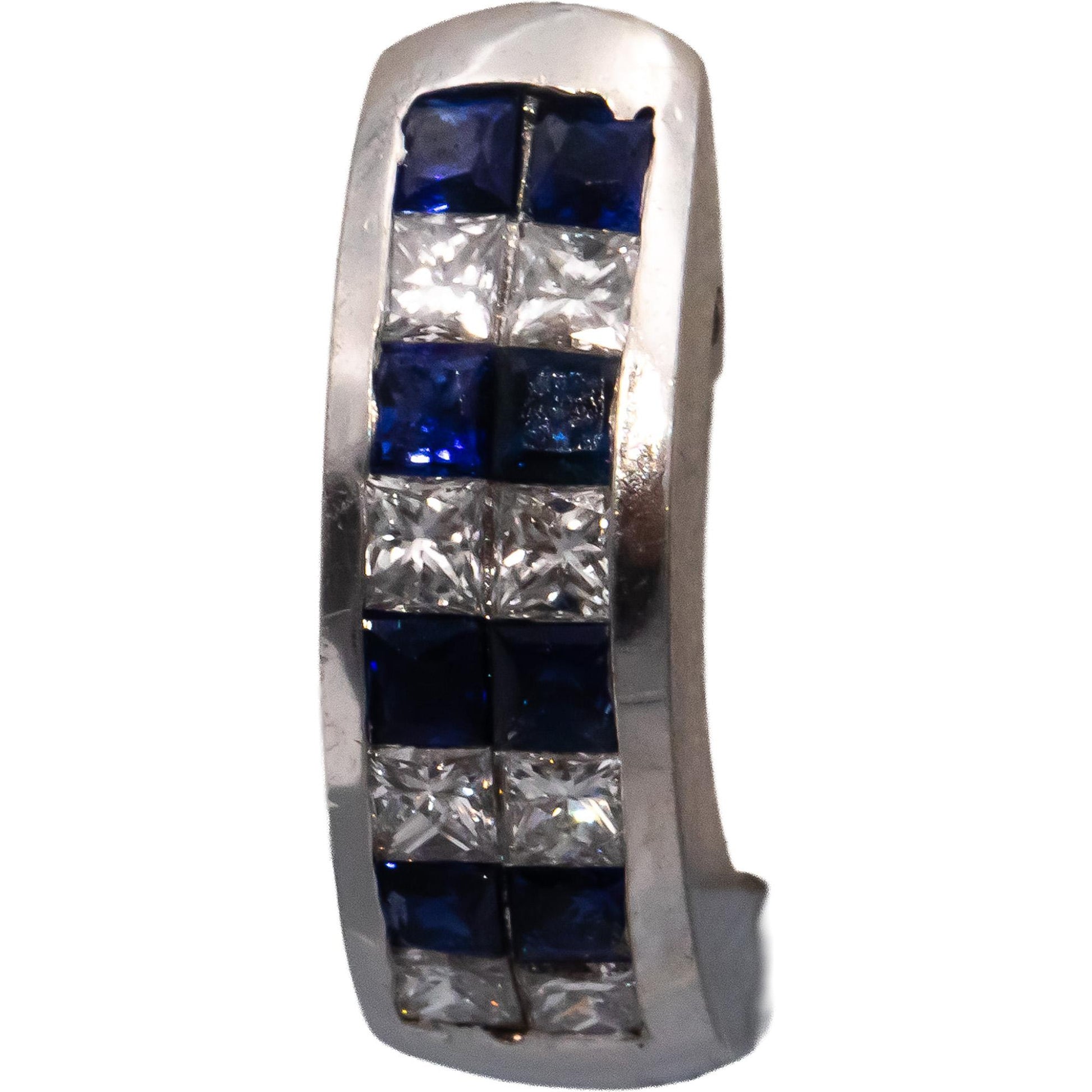 18k White Gold VS Princess Cut Diamond & Blue Sapphire Huggie Earrings 1.10CTW