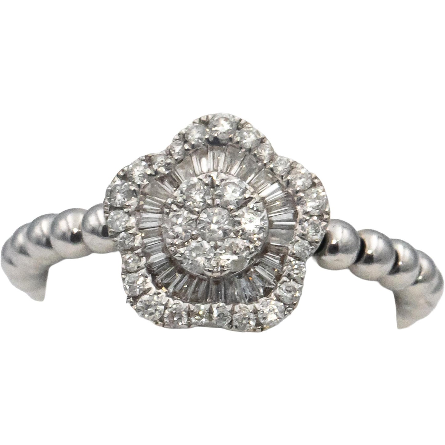 18k White Gold Round & Baguette Cut Diamond Flower Ring Pendant 0.40CT Size 6