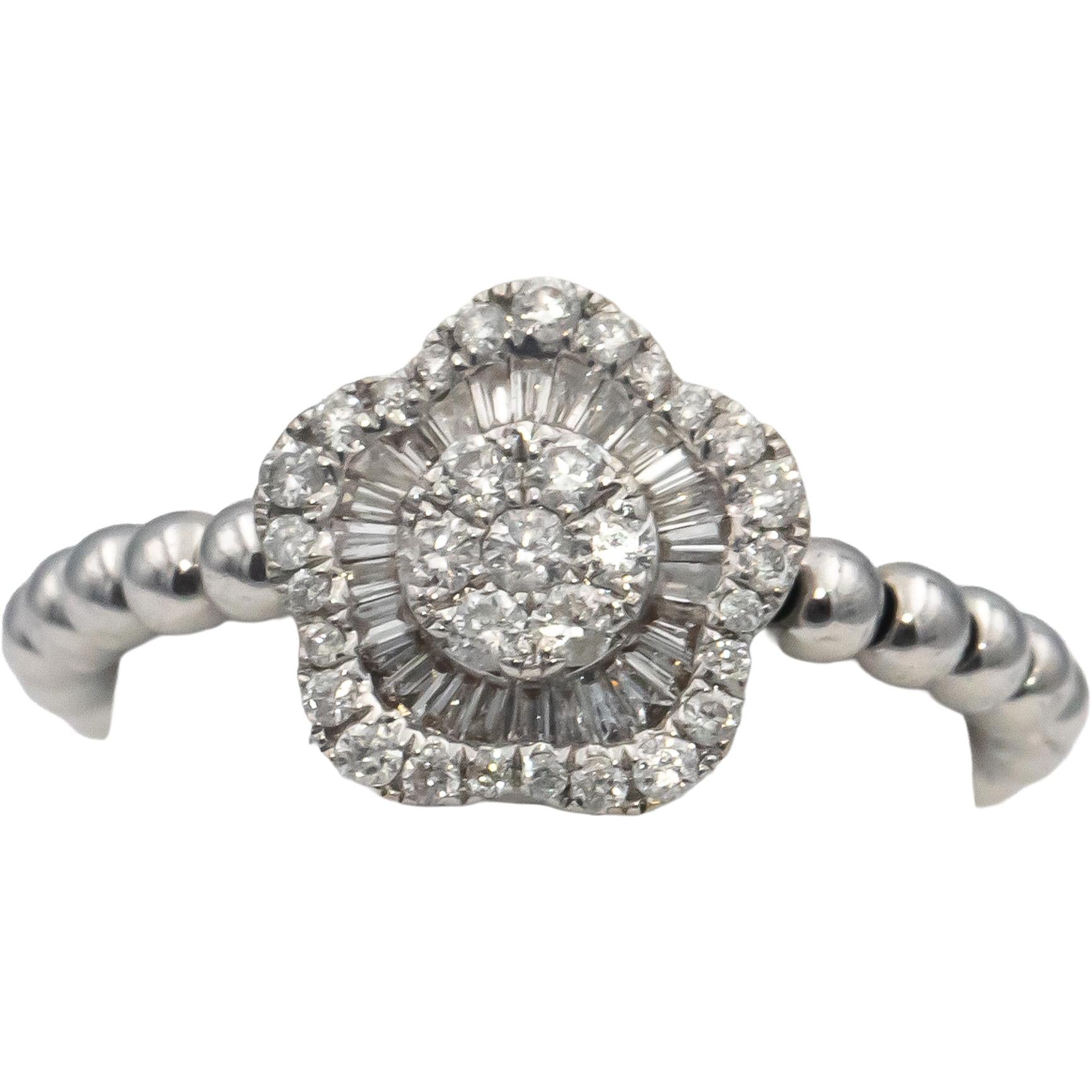 18k White Gold Round & Baguette Cut Diamond Flower Ring Pendant 0.40CT Size 6