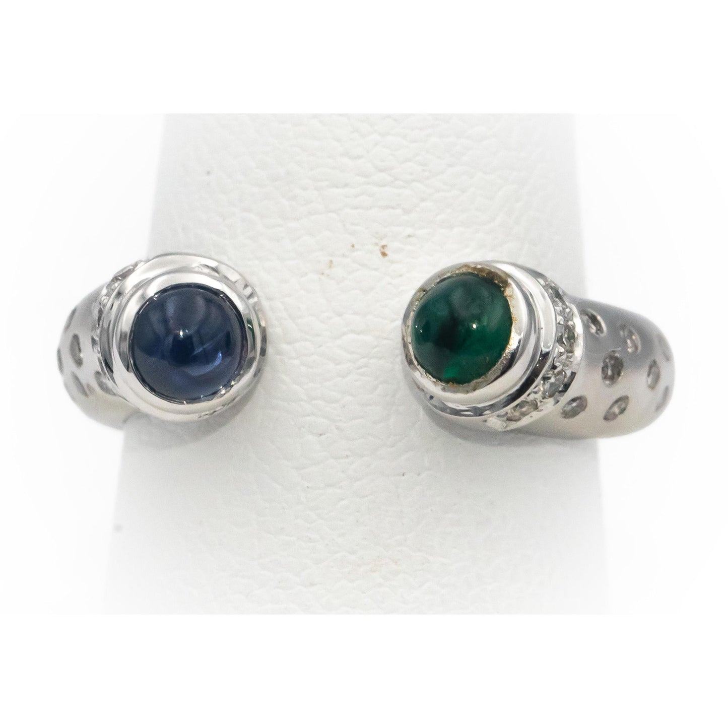 18k White Gold Cabochon Emerald Sapphire Round Diamond Bypass Ring 0.52CT
