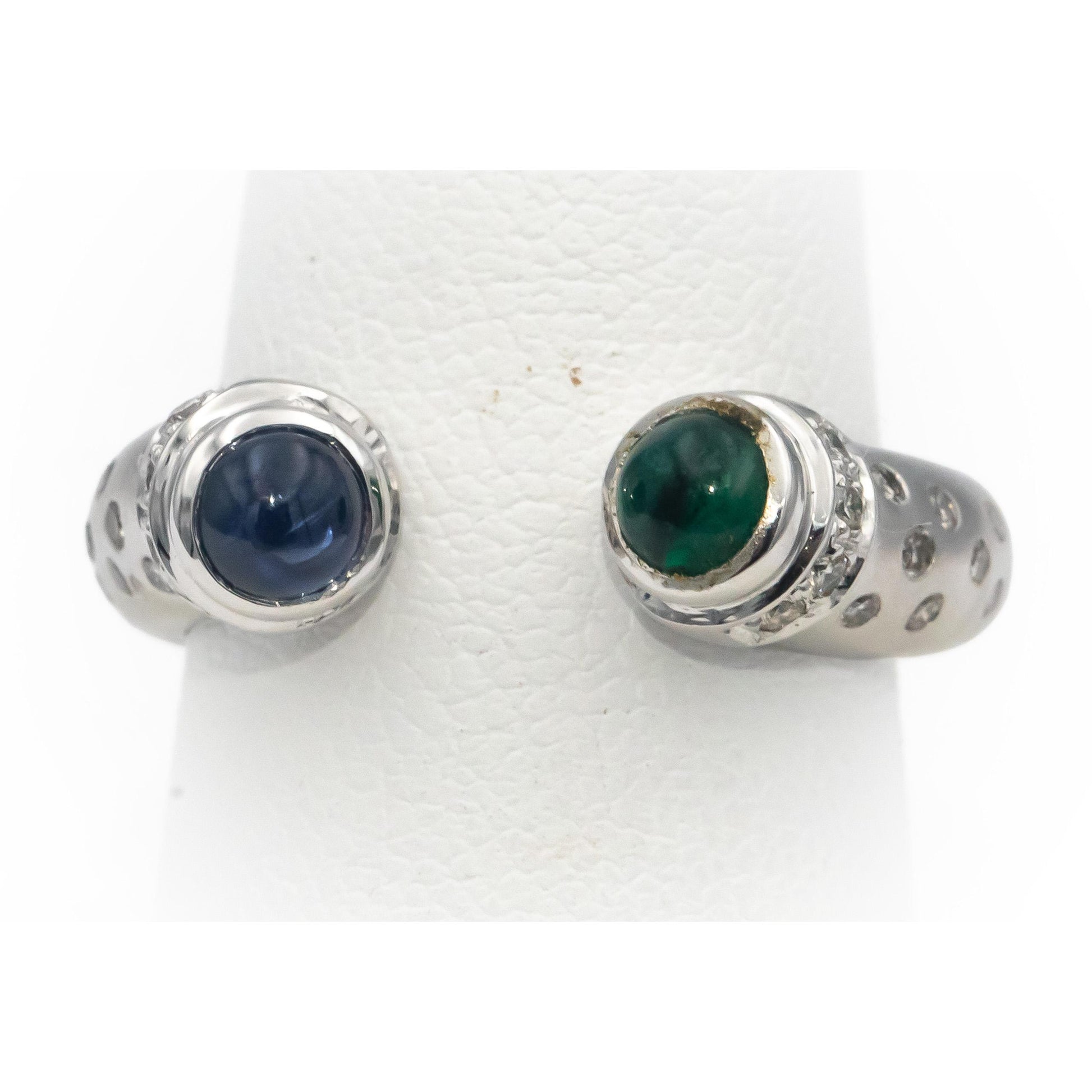 18k White Gold Cabochon Emerald Sapphire Round Diamond Bypass Ring 0.52CT