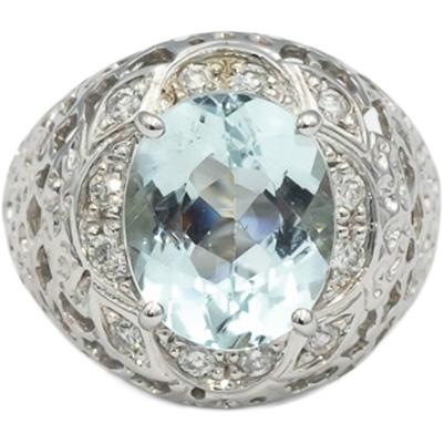 14k White Gold Oval Cut Aquamarine Round Diamond Cocktail Ring 4.70CT Size 7.75