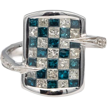 14k White Gold White & Blue Diamond Checkerboard Ring 1.0CT Size 7