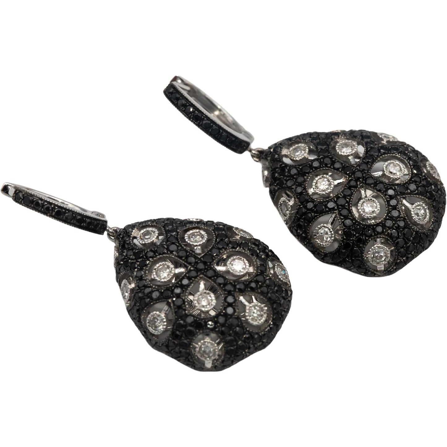 14k White Gold Round White & Black Diamond Cluster Drop Dangle Earrings 1.0CTW