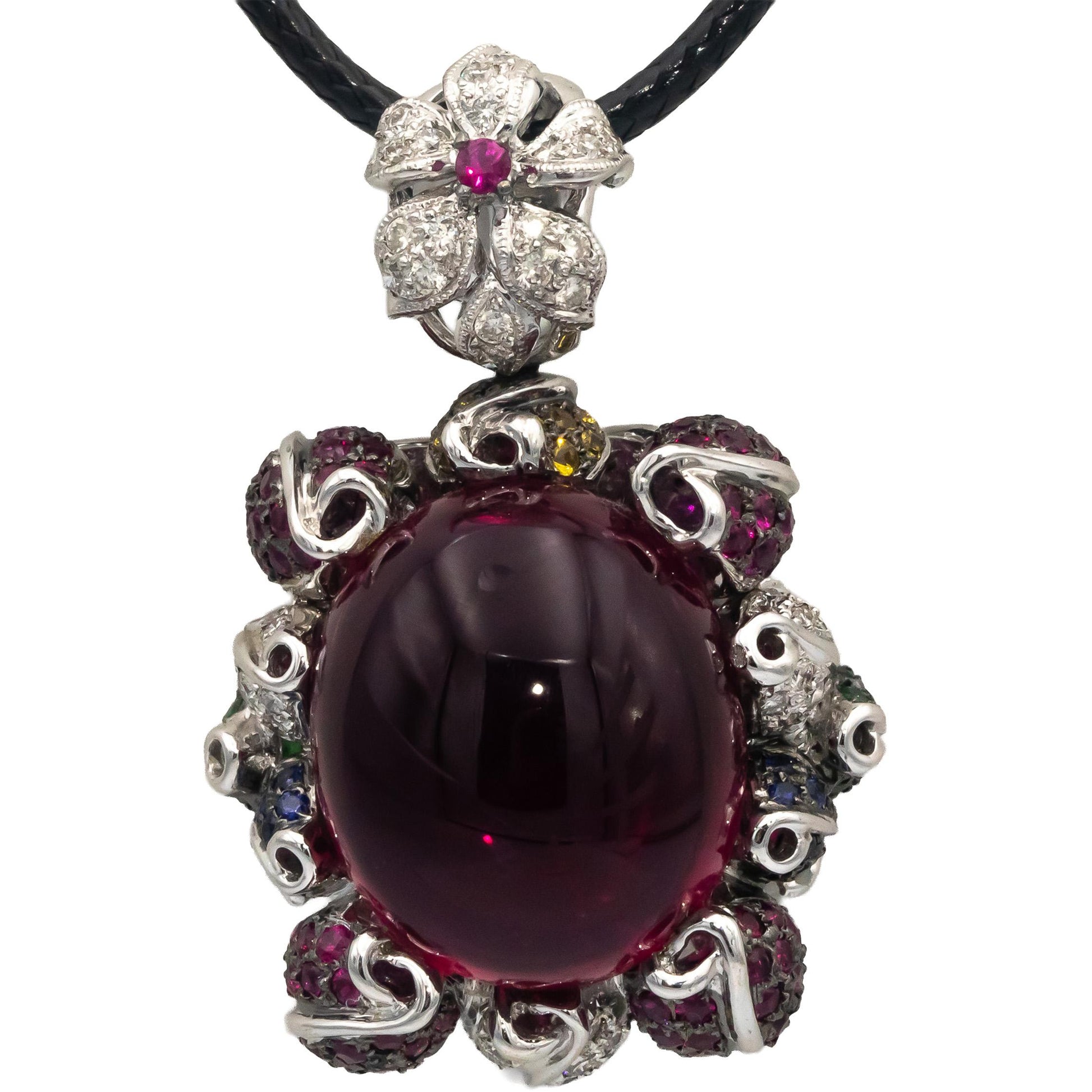 18k White Gold Rubellite Diamond Multi-Color Sapphire Pendant Necklace 28.58CTW