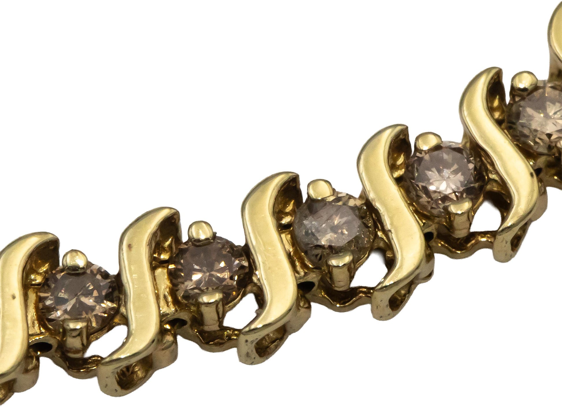 10k Yellow Gold Round Champagne Diamond S-Link Tennis Bracelet 1.50CTW