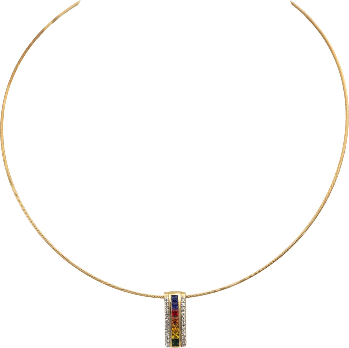 14k Yellow Gold Diamond & Rainbow Sapphire Pendant Cable Necklace 1.05CTW