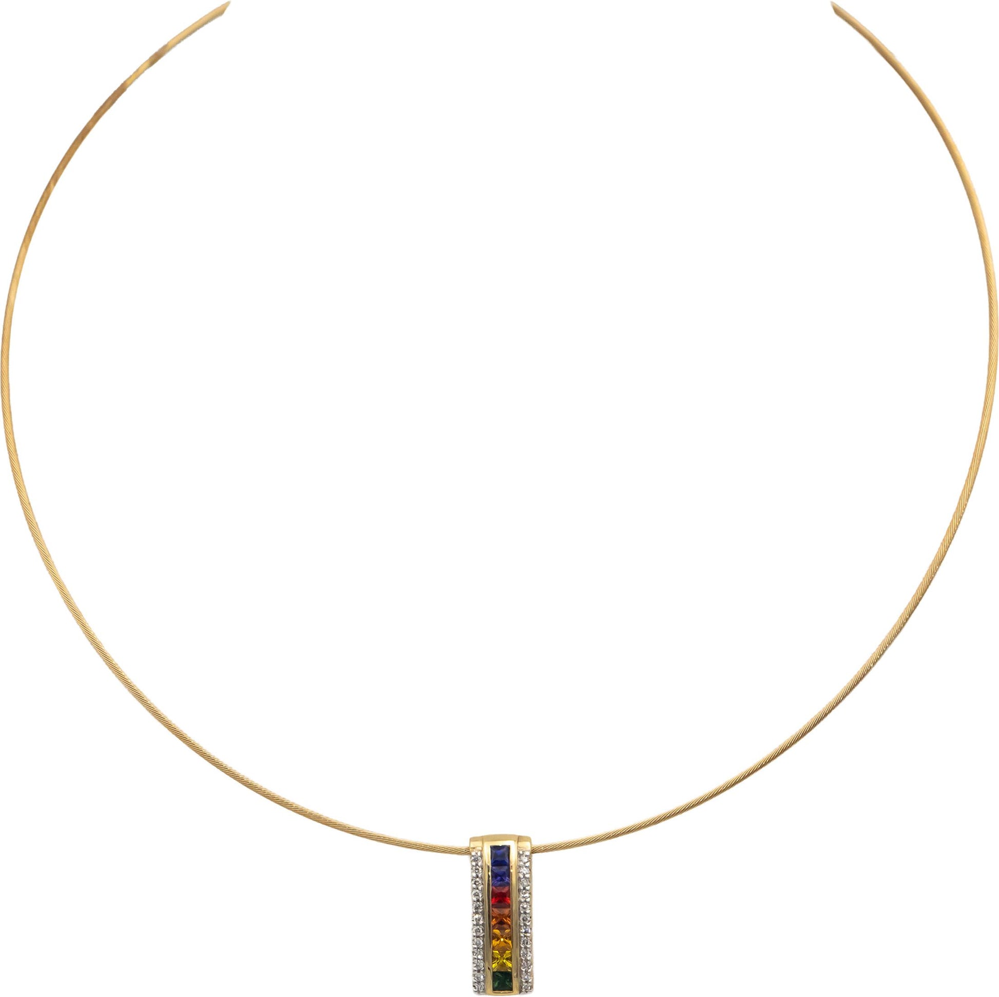 14k Yellow Gold Diamond & Rainbow Sapphire Pendant Cable Necklace 1.05CTW