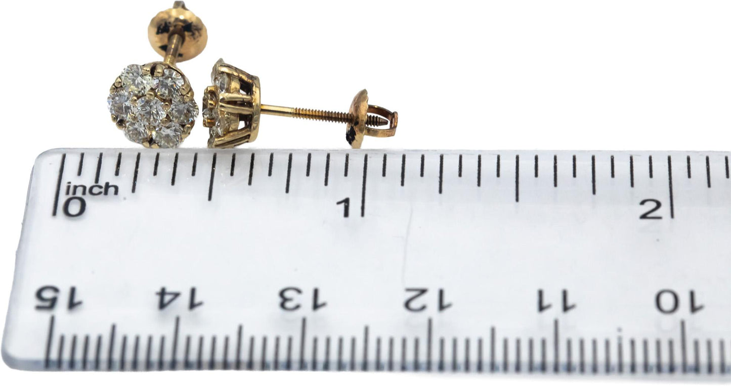 14k Yellow Gold Round Diamond Cluster Flower Stud Screw Back Earrings 1.23CT
